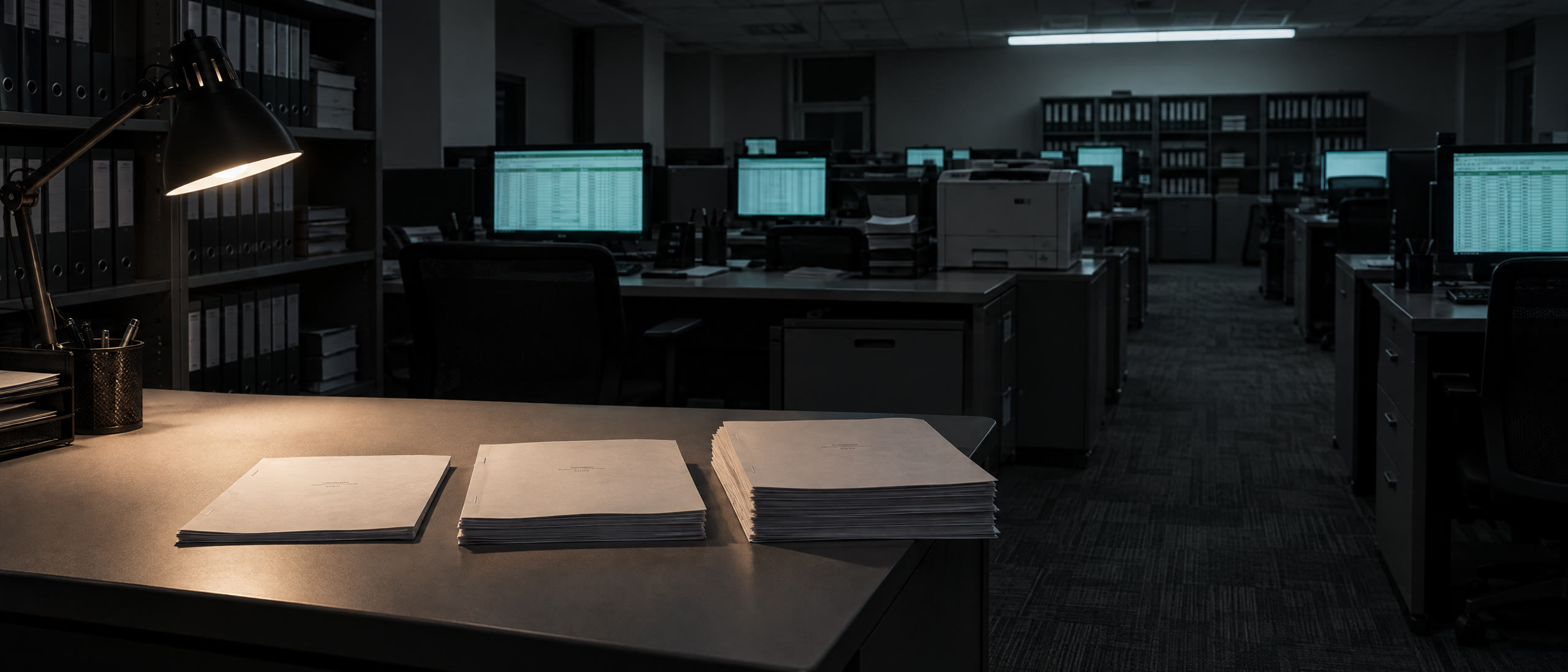 Three stapled loan packages of different thickness on a desk edge, each with a plain cover sheet.