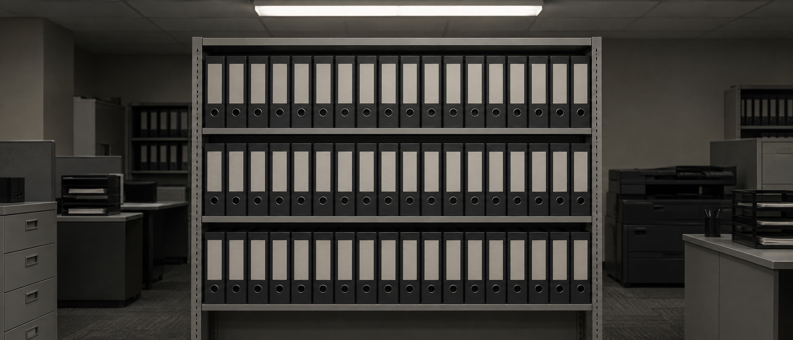 A records shelf of binders with plain spine labels under the strip light.