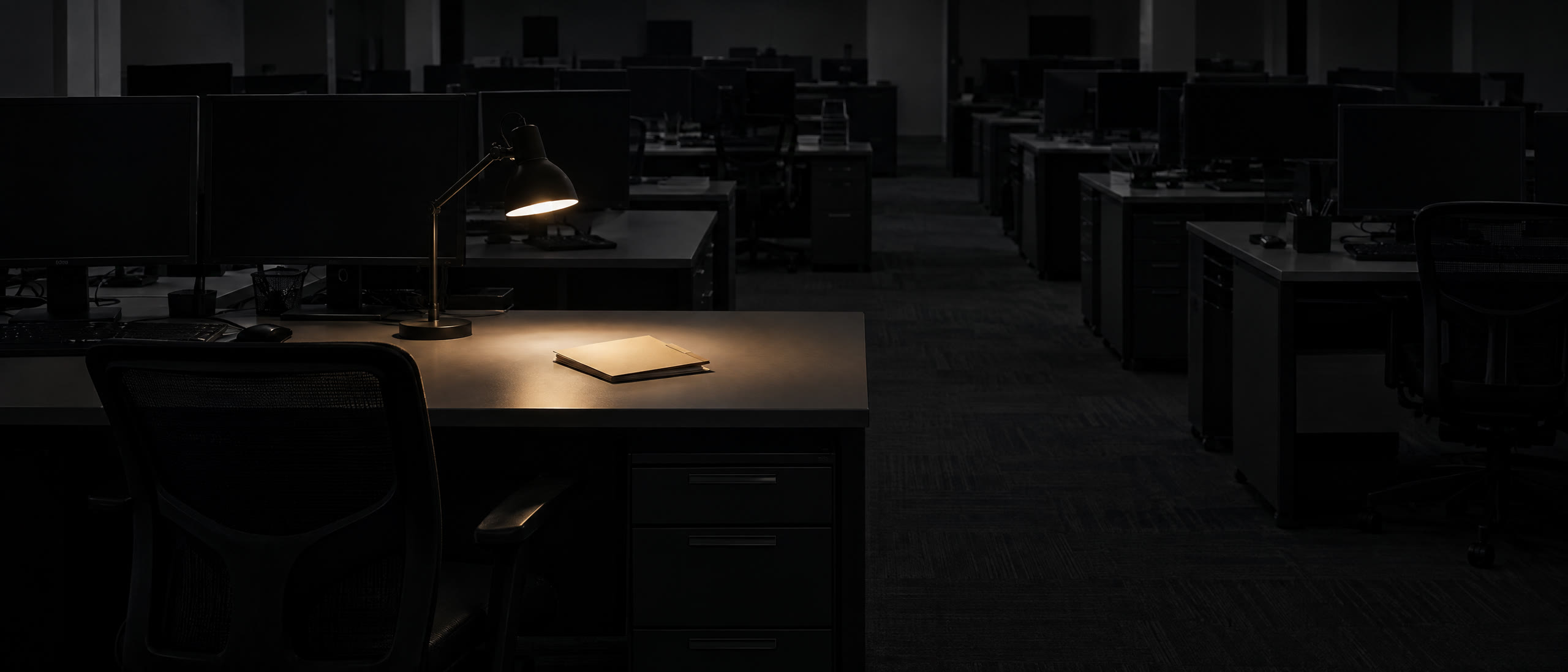 A task lamp over a closed file on an otherwise empty desk at night.