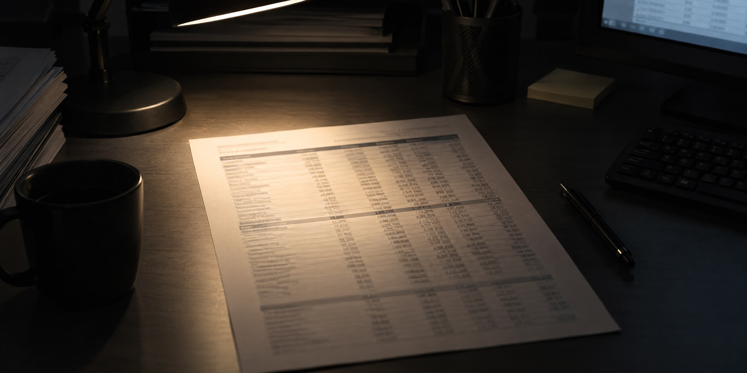 A printed tax schedule page on a desk under the lamp, one line of figures in focus.
