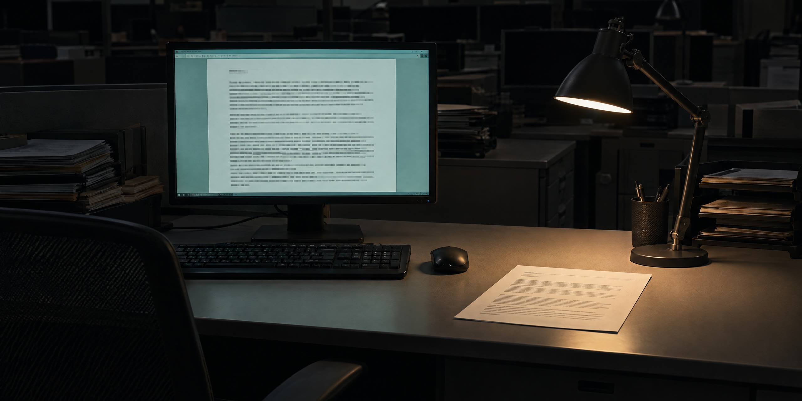 A monitor showing a findings report beside its printed copy on the desk.