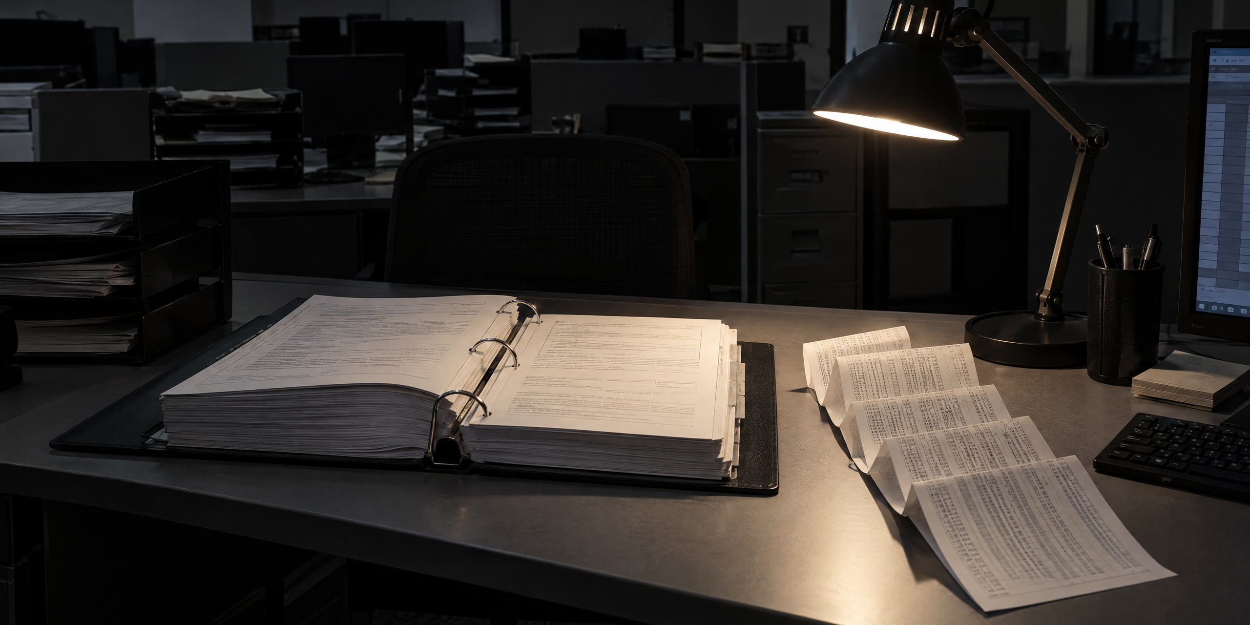 A policy binder open on a desk with a log printout beside it.