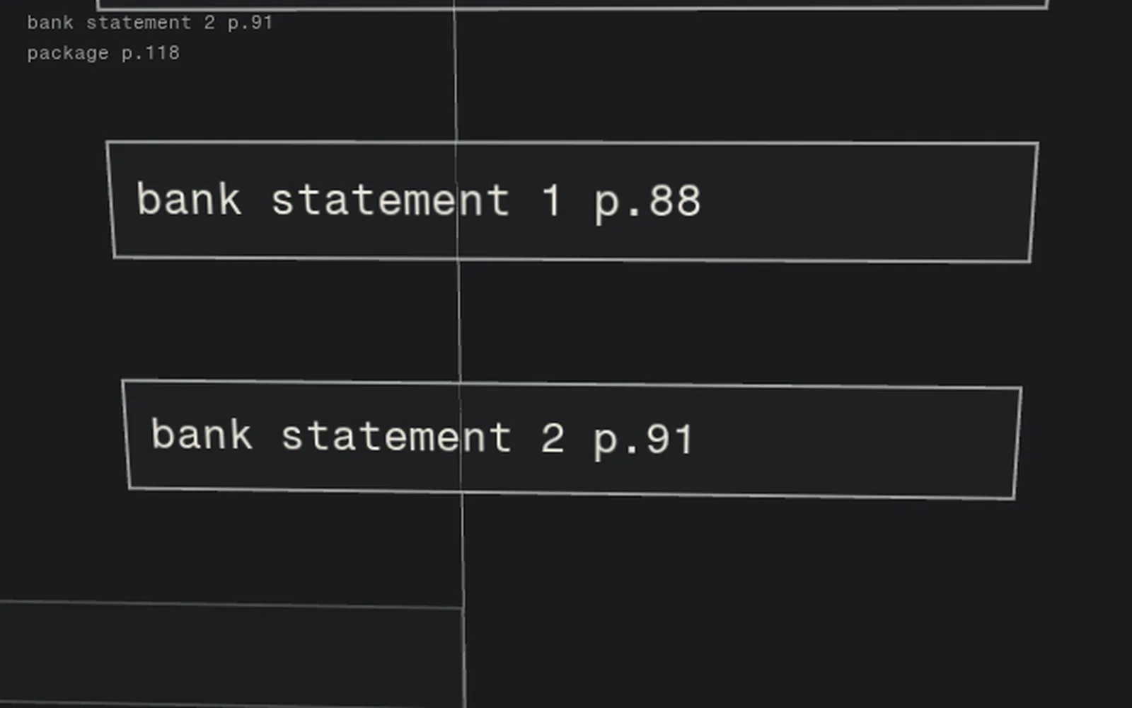 A still of the /product index rail scene: one loan file as a vertical rail of page tabs, each labelled with its page number.
