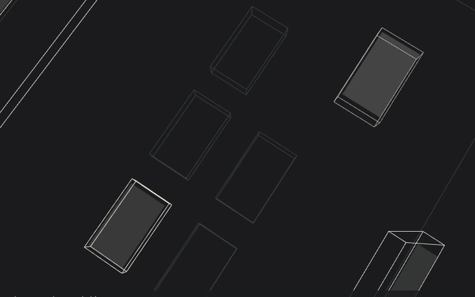 A still of the /about floor plan scene: the operations floor as hairline outlines seen from above, every station lit and the one lit desk at the end.