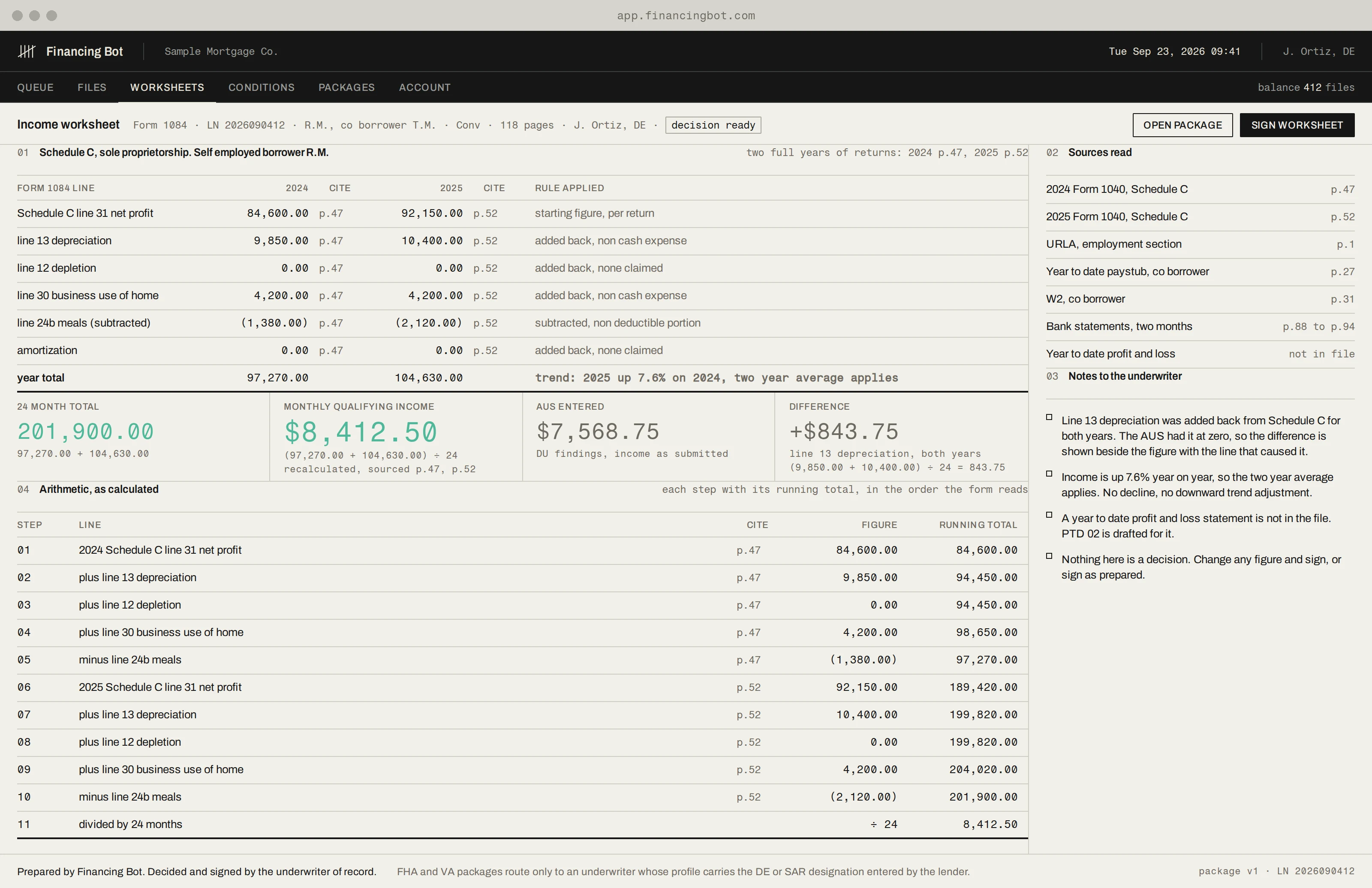 The Form 1084 income worksheet for loan LN 2026090412: Schedule C lines for 2024 and 2025 with page cites, year totals of 97,270.00 and 104,630.00, a 24 month total of 201,900.00 and a monthly qualifying income of $8,412.50 beside the AUS entered figure of $7,568.75.