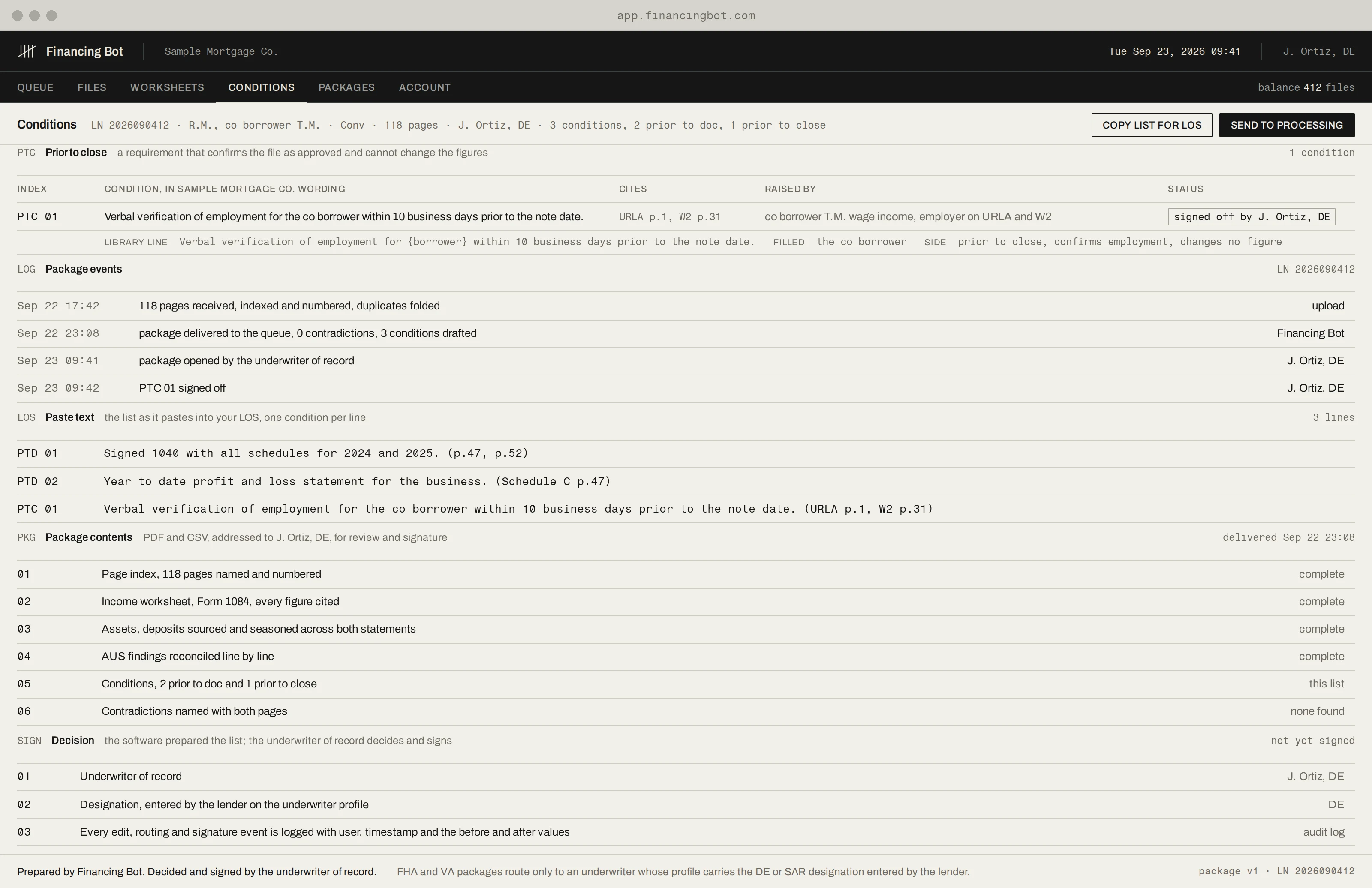 The condition list for loan LN 2026090412, scrolled to the prior to close block: one prior to close condition with its page cite, signed off by J. Ortiz, DE.